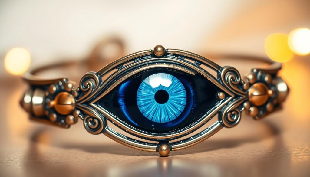 A stunning close-up of a high-quality evil eye bracelet, photographed against a soft, out-of-focus backdrop. The bracelet features an intricate, handcrafted design with a striking, deep blue eye motif at the center, surrounded by delicate metalwork and subtle gold accents. The lighting is soft and warm, highlighting the glossy, jewel-like texture of the bracelet. The overall composition emphasizes the craftsmanship and symbolic significance of the piece, conveying a sense of elegance, mysticism, and protective power.