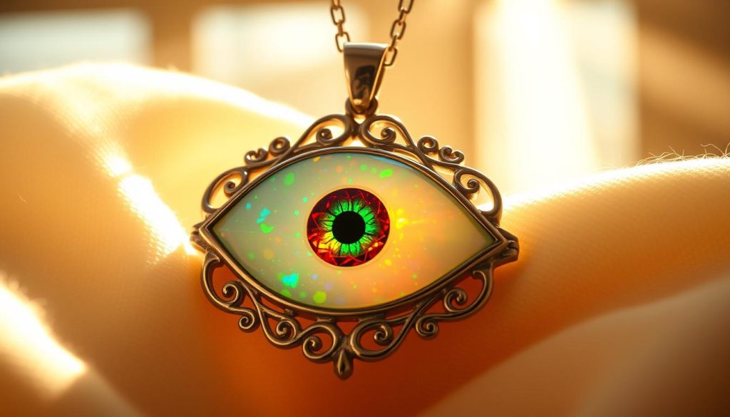 A stunning opal evil eye necklace, bathed in a warm, golden glow. The centerpiece is a mesmerizing opal, its fiery hues dancing with flecks of blue, green, and violet. The necklace is crafted from gleaming silver, with intricate swirling patterns that frame the captivating eye. Rays of light filter through the window, casting a soft, ethereal illumination that highlights the depth and complexity of the opal. The necklace rests gracefully on a backdrop of soft, textured fabric, creating a serene and enchanting atmosphere. The composition is balanced and visually striking, inviting the viewer to bask in the mystical power and everyday protection of this stunning opal evil eye pendant. A stunning opal evil eye necklace, bathed in a warm, golden glow. The centerpiece is a mesmerizing opal, its fiery hues dancing with flecks of blue, green, and violet. The necklace is crafted from gleaming silver, with intricate swirling patterns that frame the captivating eye. Rays of light filter through the window, casting a soft, ethereal illumination that highlights the depth and complexity of the opal. The necklace rests gracefully on a backdrop of soft, textured fabric, creating a serene and enchanting atmosphere. The composition is balanced and visually striking, inviting the viewer to bask in the mystical power and everyday protection of this stunning opal evil eye pendant.