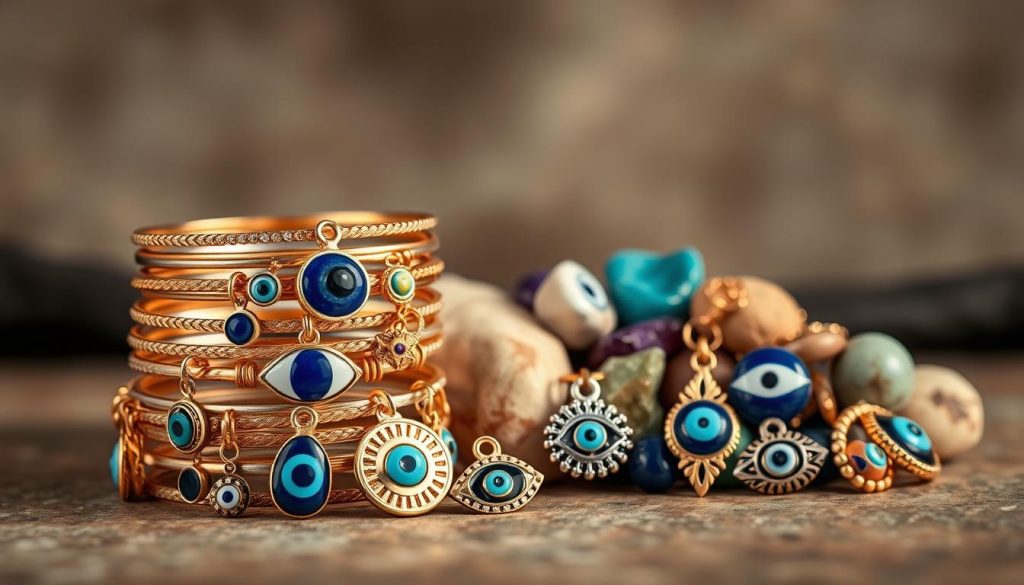 A stunning still life arrangement showcasing stylish "evil eye" protection pieces. The foreground features a stack of gold and silver-toned bangles, charms, and pendants adorned with the iconic eye symbol. The middle ground captures a mix of semi-precious stones like lapis lazuli, turquoise, and amethyst, carefully curated to radiate a mystical, protective energy. In the background, a muted, earthy backdrop of neutral tones and soft lighting enhances the elegant, sophisticated ambiance. The composition radiates a harmonious, chic aesthetic that effortlessly blends form and function, making these pieces the perfect accessory to ward off negative energies.