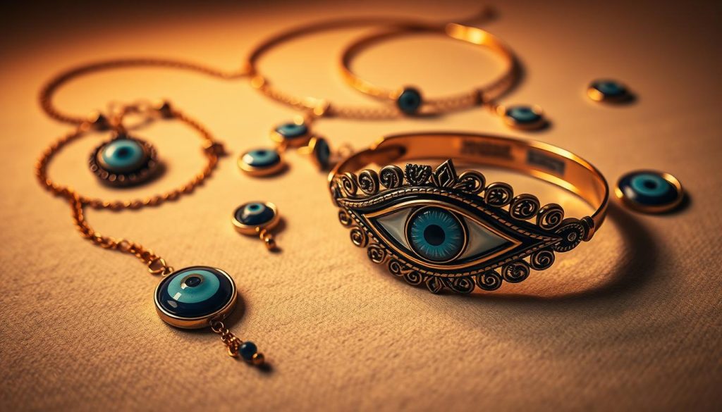 A stylish and captivating composition featuring an assortment of evil eye-themed jewelry. In the foreground, a striking bracelet with a bold, intricate eye design sits atop a neutral, textured surface. Surrounding it, a selection of complementary accessories such as a delicate necklace, a ring with a prominent eye motif, and a pair of dainty evil eye earrings. The middle ground showcases an anklet with a cascading evil eye charm. Soft, warm lighting casts a subtle glow, accentuating the intricate details and the mystical allure of the jewelry. The overall atmosphere exudes a sense of elegance, sophistication, and a touch of the supernatural. A stylish and captivating composition featuring an assortment of evil eye-themed jewelry. In the foreground, a striking bracelet with a bold, intricate eye design sits atop a neutral, textured surface. Surrounding it, a selection of complementary accessories such as a delicate necklace, a ring with a prominent eye motif, and a pair of dainty evil eye earrings. The middle ground showcases an anklet with a cascading evil eye charm. Soft, warm lighting casts a subtle glow, accentuating the intricate details and the mystical allure of the jewelry. The overall atmosphere exudes a sense of elegance, sophistication, and a touch of the supernatural.