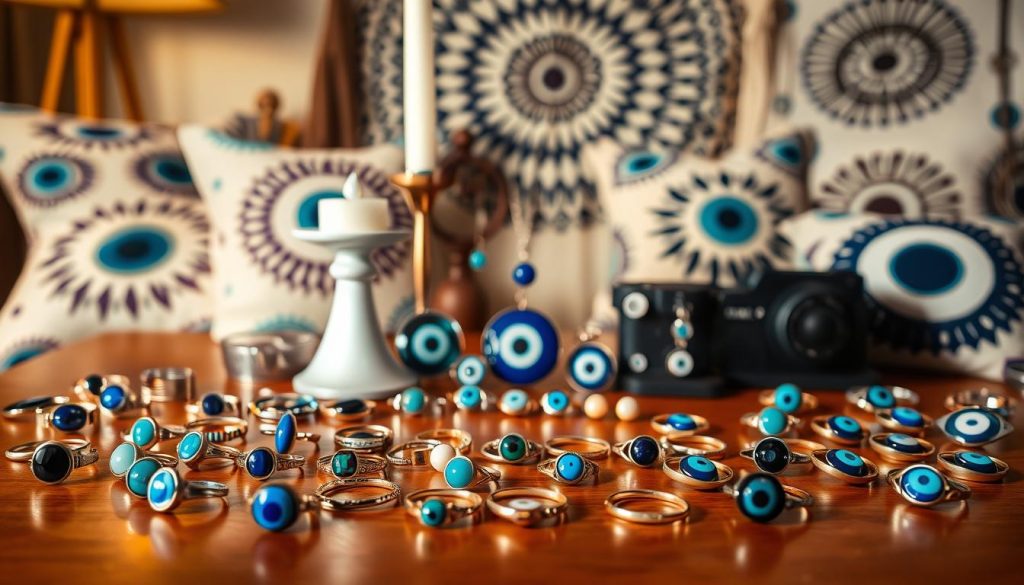 A stylish table setting featuring a variety of eye-catching evil eye-themed accessories. In the foreground, an assortment of adjustable evil eye rings in various colors and designs are elegantly displayed. In the middle ground, a pair of evil eye pendant necklaces and a set of evil eye stud earrings are arranged alongside a decorative evil eye candle holder. The background showcases a selection of evil eye-printed throw pillows and a wall hanging with an intricate evil eye design, creating a cohesive and visually striking display. The lighting is soft and warm, casting a cozy and inviting atmosphere. The camera angle is slightly elevated, giving a comprehensive view of the entire setup.
