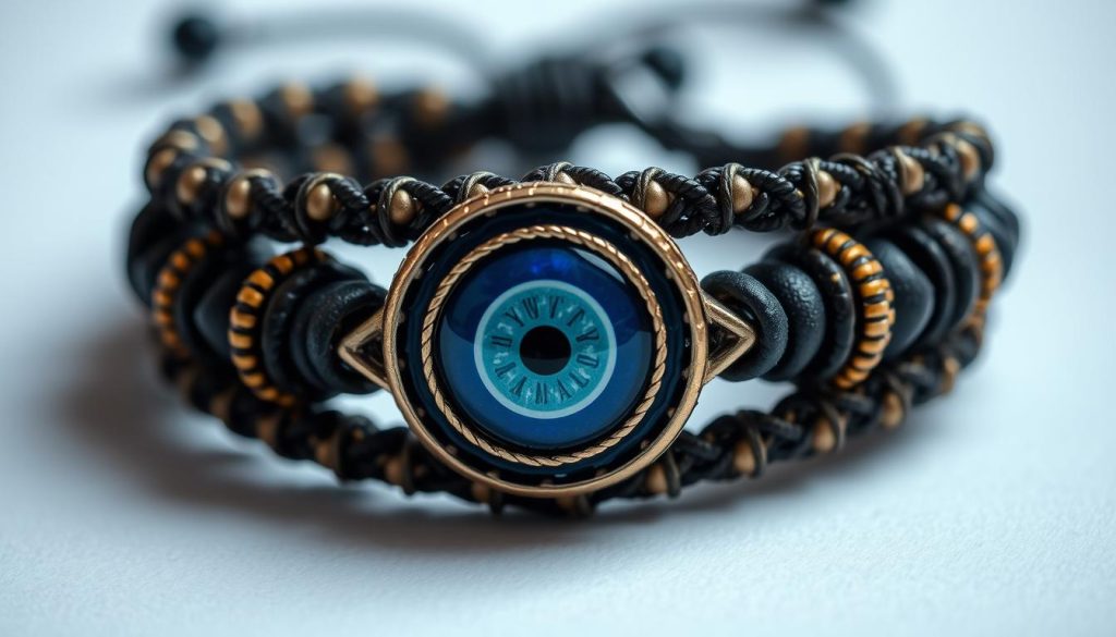 A tightly-woven beaded bracelet with intricate patterns and colors, featuring a prominent evil eye charm at the center. The eye is depicted with a deep, piercing gaze, surrounded by concentric circles in shades of blue, gold, and black. The bracelet's texture is rich and tactile, with a woven, almost fabric-like appearance. The lighting is soft and diffused, highlighting the dimensional quality of the beads and creating subtle shadows. The overall composition places the evil eye charm as the focal point, surrounded by the detailed, layered bracelet design. The mood is one of mysticism, protection, and subtle power. A tightly-woven beaded bracelet with intricate patterns and colors, featuring a prominent evil eye charm at the center. The eye is depicted with a deep, piercing gaze, surrounded by concentric circles in shades of blue, gold, and black. The bracelet's texture is rich and tactile, with a woven, almost fabric-like appearance. The lighting is soft and diffused, highlighting the dimensional quality of the beads and creating subtle shadows. The overall composition places the evil eye charm as the focal point, surrounded by the detailed, layered bracelet design. The mood is one of mysticism, protection, and subtle power.