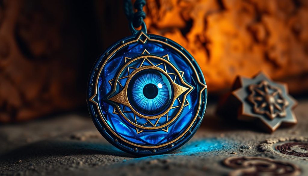 A vibrant and mystic evil eye amulet, its deep blue hue radiating an enigmatic glow. The intricate design features concentric rings in shades of azure, accented with delicate gold lines and a piercing central eye. Positioned against a warm, earthy backdrop, the amulet casts an alluring and protective presence. Soft, diffused lighting illuminates the textured surface, creating a sense of depth and dimension. The amulet appears to float, suspended in a serene, spiritual atmosphere, ready to ward off negative energies and bring good fortune to its owner.