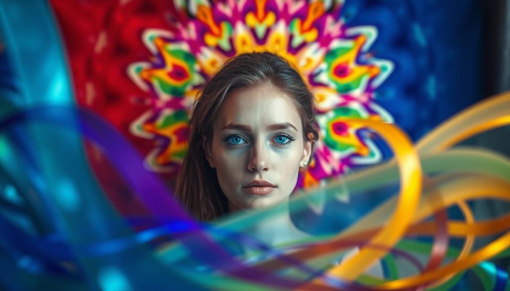 A vibrant array of colors, each with its own unique symbolism, harmoniously coexisting. In the foreground, a captivating spectrum of hues – azure, emerald, and amethyst – intertwine, representing the depth and complexity of color meanings. The middle ground features a serene, contemplative figure, their expression reflecting the tranquility and introspection associated with the blue eye. In the background, a kaleidoscope of complementary colors – saffron, vermilion, and chartreuse – creates a dynamic and visually engaging composition, symbolizing the rich tapestry of color meanings that complement the blue eye's significance. Soft, diffused lighting casts a warm, inviting glow, evoking a sense of balance and harmony. The overall scene conveys a sense of unity, harmony, and the profound significance of color in our lives.