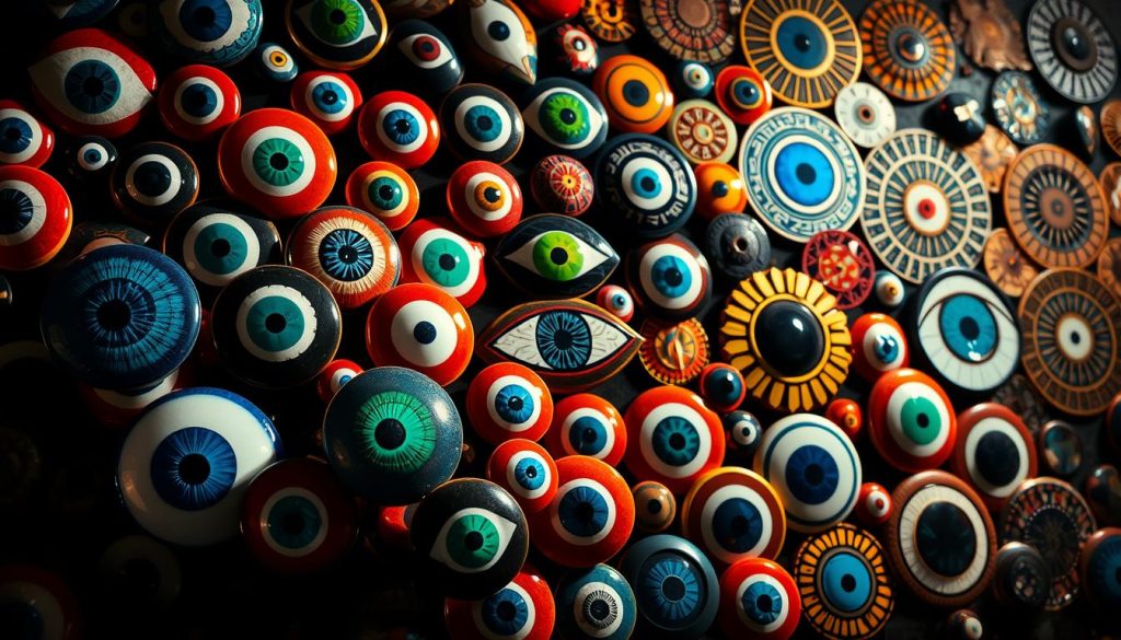 A vibrant collage of evil eye symbols, showcasing a diverse array of colors and cultural interpretations. In the foreground, a cluster of intense, piercing eyes in shades of deep blue, emerald green, and fiery red, each emanating an ominous and protective energy. The middle ground features a spectrum of hues, from the rich, earthy tones of amber and bronze to the more subdued shades of charcoal and onyx. In the background, a kaleidoscopic array of patterns and motifs, reflecting the cross-cultural origins and apotropaic significance of the evil eye. Dramatic lighting casts dramatic shadows, heightening the mystical and symbolic nature of this visual representation. A vibrant collage of evil eye symbols, showcasing a diverse array of colors and cultural interpretations. In the foreground, a cluster of intense, piercing eyes in shades of deep blue, emerald green, and fiery red, each emanating an ominous and protective energy. The middle ground features a spectrum of hues, from the rich, earthy tones of amber and bronze to the more subdued shades of charcoal and onyx. In the background, a kaleidoscopic array of patterns and motifs, reflecting the cross-cultural origins and apotropaic significance of the evil eye. Dramatic lighting casts dramatic shadows, heightening the mystical and symbolic nature of this visual representation.