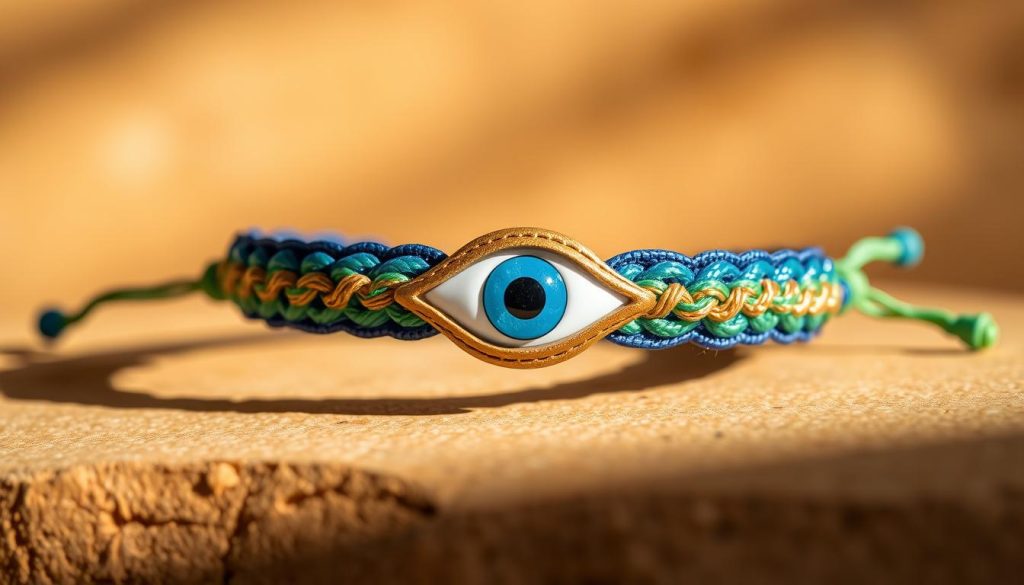 A vibrant friendship bracelet with the iconic evil eye symbol taking center stage, resting against a warm, natural-toned backdrop. The bracelet's intricate woven pattern in shades of blue, green, and gold creates an eye-catching focal point. Soft, diffused lighting casts gentle shadows, highlighting the delicate texture and depth of the fibers. The bracelet is positioned at a slight angle, creating a sense of depth and movement. The overall composition emphasizes the simplicity and elegance of the sizing process, inviting the viewer to imagine the process of crafting this meaningful accessory.