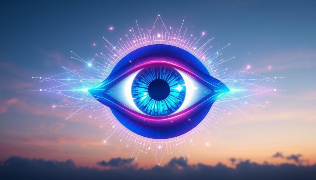 A vibrant, hypnotizing eye symbol floating against a serene, gradient sky. In the foreground, the iris shines in a spectrum of rich blues, radiating an otherworldly energy. The pupil, a captivating vortex, draws the viewer in. Surrounding the eye, a halo of glowing lines and shapes in complementary hues dance and shimmer, imbuing the image with a sense of mysticism and power. The entire scene is bathed in a soft, ethereal light, creating an atmosphere of tranquility and intrigue. The composition is balanced and visually striking, showcasing the mesmerizing nature of the "color evil eye" motif. A vibrant, hypnotizing eye symbol floating against a serene, gradient sky. In the foreground, the iris shines in a spectrum of rich blues, radiating an otherworldly energy. The pupil, a captivating vortex, draws the viewer in. Surrounding the eye, a halo of glowing lines and shapes in complementary hues dance and shimmer, imbuing the image with a sense of mysticism and power. The entire scene is bathed in a soft, ethereal light, creating an atmosphere of tranquility and intrigue. The composition is balanced and visually striking, showcasing the mesmerizing nature of the "color evil eye" motif.