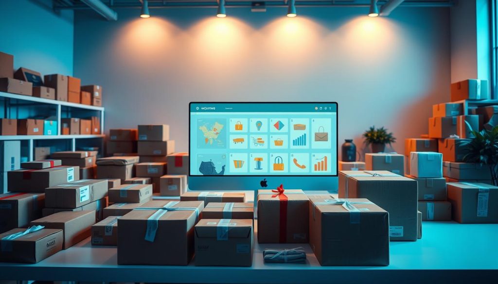 A vibrant scene of a bustling e-commerce marketplace, captured with a wide-angle lens. The foreground showcases a diverse array of shipping boxes, packages, and parcels in various shapes and sizes, neatly arranged on a modern, minimalist desktop. The middle ground features a sleek, intuitive user interface, with clean lines and seamless navigation, inviting the viewer to explore the online shopping experience. In the background, a serene, blue-toned color palette sets the mood, evoking a sense of calm and efficiency, complementing the section's title "Shopping made simple in the United States". Soft, directional lighting casts subtle shadows, adding depth and dimension to the overall composition. A vibrant scene of a bustling e-commerce marketplace, captured with a wide-angle lens. The foreground showcases a diverse array of shipping boxes, packages, and parcels in various shapes and sizes, neatly arranged on a modern, minimalist desktop. The middle ground features a sleek, intuitive user interface, with clean lines and seamless navigation, inviting the viewer to explore the online shopping experience. In the background, a serene, blue-toned color palette sets the mood, evoking a sense of calm and efficiency, complementing the section's title "Shopping made simple in the United States". Soft, directional lighting casts subtle shadows, adding depth and dimension to the overall composition.