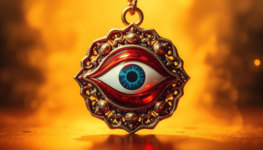 A vivid, dramatic scene of a powerful evil eye amulet, its red, white, and gold hues shimmering under a warm, golden light. The eye is the focal point, surrounded by a intricate, ornate design that exudes an air of mysticism and ancient power. The background is hazy, with a sense of depth and dimensionality, creating an atmosphere of mystery and the supernatural. The overall composition is balanced and visually striking, drawing the viewer's attention to the captivating eye and its symbolic significance.