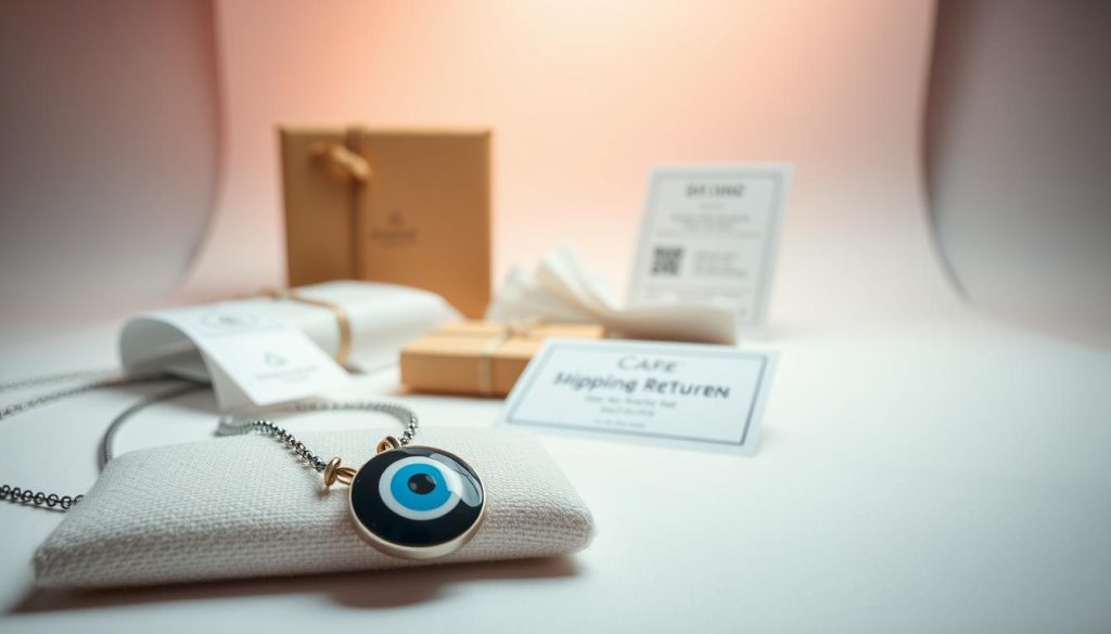 A well-lit, high-quality studio photograph showcasing shipping and care details for a necklace. In the foreground, a necklace with an evil eye charm rests on a soft, textured surface. The middle ground features various packaging materials such as a shipping box, tissue paper, and a care card. The background is a clean, minimalist set with soft, diffused lighting creating a sense of professionalism and attention to detail. The overall mood is one of quality, reliability, and trustworthiness, reflecting the "Shipping, returns, and care you can count on" section title.