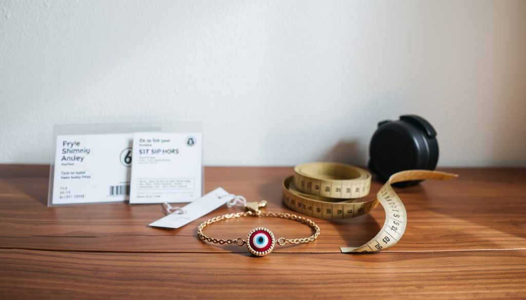 A well-organized product display on a wooden table, showcasing an "Evil Eye" anklet in the foreground. The anklet is positioned alongside a price tag, a shipping label, and a tape measure to convey the product details and dimensions. The middle ground features a clean, white background with subtle shadows, creating a sense of depth and focus. The lighting is soft and natural, highlighting the intricate details of the anklet. In the background, a minimalist wall texture adds a touch of sophistication, completing the professional and trustworthy atmosphere. A well-organized product display on a wooden table, showcasing an "Evil Eye" anklet in the foreground. The anklet is positioned alongside a price tag, a shipping label, and a tape measure to convey the product details and dimensions. The middle ground features a clean, white background with subtle shadows, creating a sense of depth and focus. The lighting is soft and natural, highlighting the intricate details of the anklet. In the background, a minimalist wall texture adds a touch of sophistication, completing the professional and trustworthy atmosphere.