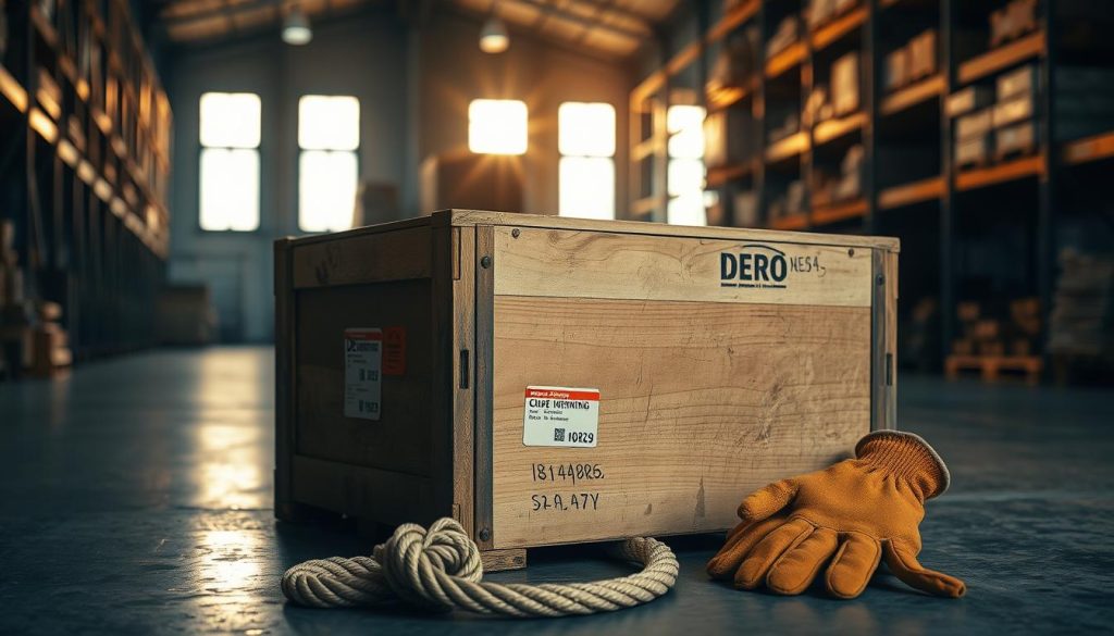 A wooden shipping crate rests on a dimly lit warehouse floor, its surface weathered and marked with international shipping labels. Soft, golden light filters in from high windows, casting a warm glow on the scene. In the foreground, a coiled rope and a pair of worn work gloves suggest recent activity. The background fades into shadowy industrial shelving, hinting at the larger context of global commerce. The overall atmosphere is one of quiet contemplation, underscoring the importance of reliable logistics in the modern world. A wooden shipping crate rests on a dimly lit warehouse floor, its surface weathered and marked with international shipping labels. Soft, golden light filters in from high windows, casting a warm glow on the scene. In the foreground, a coiled rope and a pair of worn work gloves suggest recent activity. The background fades into shadowy industrial shelving, hinting at the larger context of global commerce. The overall atmosphere is one of quiet contemplation, underscoring the importance of reliable logistics in the modern world.