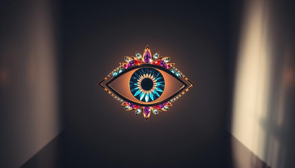 An elegant, artfully crafted evil eye symbol, reflecting the modern fashion and lifestyle aesthetic. A vibrant, jewel-toned eye motif, set against a minimalist, high-contrast backdrop. Intricate, gem-like details capture the eye, with luminous highlights and delicate linework. The design radiates a sense of power, protection and contemporary style. Crisp, high-resolution photography with a shallow depth of field, emphasizing the central eye form. Moody, atmospheric lighting casts dramatic shadows, evoking a sense of mystique. An image that seamlessly blends the traditional symbolism of the evil eye with a strikingly modern, high-fashion visual treatment.