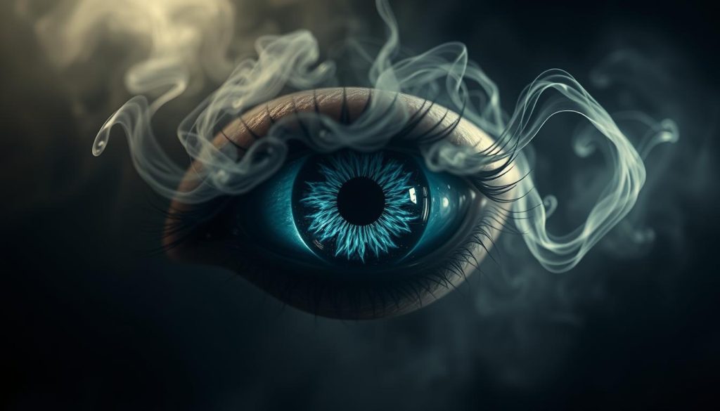 An ominous, glaring eye floating in a hazy, mystical realm. The iris, a swirling vortex of deep blues and greens, emanates a sinister power. Wispy tendrils of smoke or energy curl around the eye, creating an unsettling, otherworldly atmosphere. The lighting is dramatic, casting deep shadows and highlights that accentuate the eye's intensity. The composition places the eye as the central focus, with a blurred, ethereal background that suggests a realm beyond the physical world. The mood is one of dark foreboding and the sense that this eye holds ancient, malevolent forces.