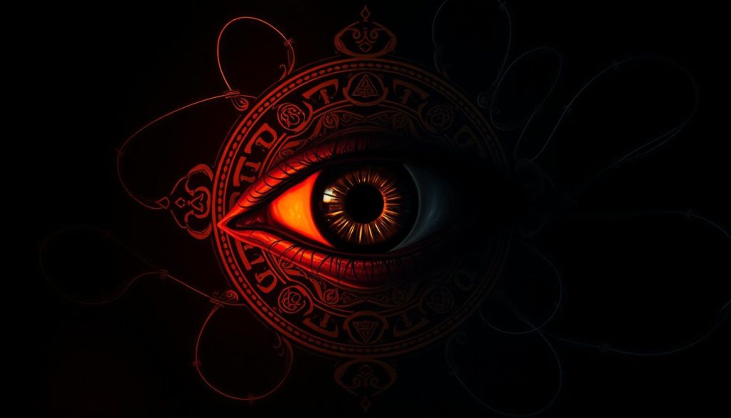 An unsettling eye, piercing and intense, hovers in the dim, eerie light. Intricate patterns and symbols surround it, evoking ancient, mystical energies. The eye's gaze is both captivating and unnerving, hinting at hidden powers and the potential for harm. The background is shrouded in shadow, heightening the sense of mystery and foreboding. Delicate, ethereal tendrils swirl around the eye, as if it exerts a supernatural influence over its surroundings. This is the "evil eye," a potent symbol of protection and warning, both feared and revered throughout history.
