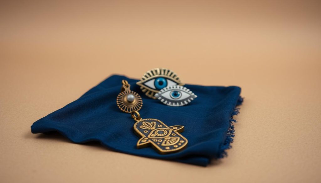 Detailed photograph of a symbolic still life arrangement on a plain surface. In the foreground, a golden Hamsa hand pendant and an Eye of Horus amulet rest atop a deep blue fabric. The middle ground features a nazar boncuğu, a traditional Turkish protective amulet in the shape of an eye, positioned alongside the other symbols. The background is a plain, neutral-toned surface that allows the talismanic objects to be the focal point. Soft, even lighting illuminates the scene, casting gentle shadows and highlighting the intricate details of the symbolic objects. The overall atmosphere is contemplative and mystical, inviting the viewer to ponder the meaning and significance of these ancient protective symbols. Detailed photograph of a symbolic still life arrangement on a plain surface. In the foreground, a golden Hamsa hand pendant and an Eye of Horus amulet rest atop a deep blue fabric. The middle ground features a nazar boncuğu, a traditional Turkish protective amulet in the shape of an eye, positioned alongside the other symbols. The background is a plain, neutral-toned surface that allows the talismanic objects to be the focal point. Soft, even lighting illuminates the scene, casting gentle shadows and highlighting the intricate details of the symbolic objects. The overall atmosphere is contemplative and mystical, inviting the viewer to ponder the meaning and significance of these ancient protective symbols.