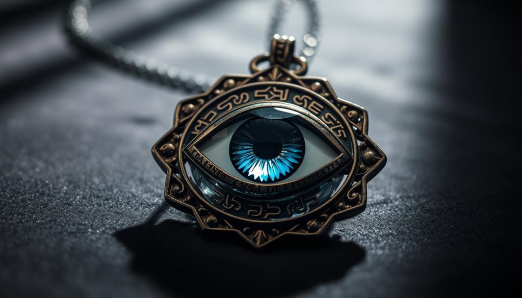 Elegant crystal pendant, an eye-catching centerpiece of the composition. Ornate metallic setting, intricate filigree and engraved symbols radiate an aura of mysticism. The eye, depicted in shades of blue and gold, is alive with an enigmatic gaze that draws the viewer in. Soft, diffused lighting casts gentle shadows, creating depth and dimension. Resting on a dark, velvety surface, the piece is photographed from a low, dramatic angle to heighten its allure. The overall atmosphere evokes a sense of contemplation and the profound, the viewer left to ponder the symbolic power of this "evil eye" talisman. Elegant crystal pendant, an eye-catching centerpiece of the composition. Ornate metallic setting, intricate filigree and engraved symbols radiate an aura of mysticism. The eye, depicted in shades of blue and gold, is alive with an enigmatic gaze that draws the viewer in. Soft, diffused lighting casts gentle shadows, creating depth and dimension. Resting on a dark, velvety surface, the piece is photographed from a low, dramatic angle to heighten its allure. The overall atmosphere evokes a sense of contemplation and the profound, the viewer left to ponder the symbolic power of this "evil eye" talisman.