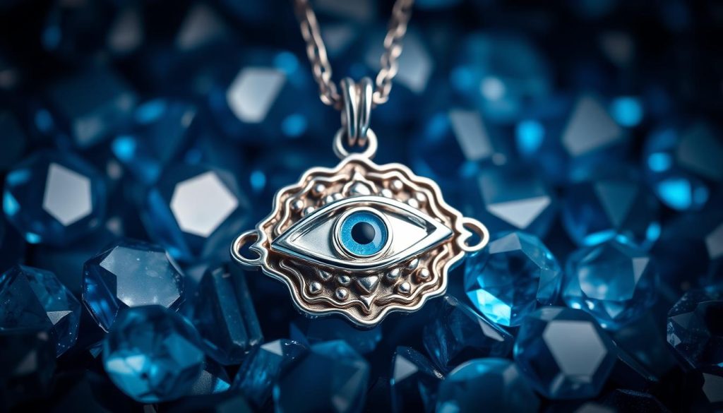 Elegant sterling silver evil eye jewelry against a backdrop of shimmering azure gemstones, casting an alluring and mystical aura. The ornate charm, adorned with a mesmerizing gaze, rests upon a sleek, modern chain, exuding both tradition and contemporary style. Soft, diffused lighting highlights the intricate metalwork and the captivating sapphire-hued stones, creating an enthralling depth and dimension. The composition captures the essence of the evil eye symbol's enduring appeal in fashion and culture, a powerful talisman of protection and luck.