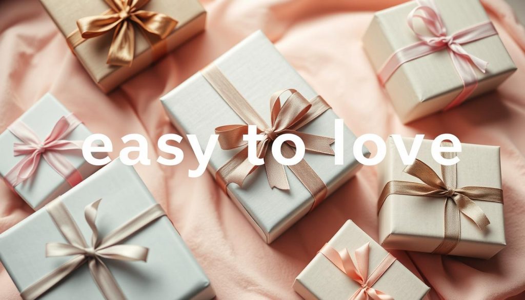 Gifts wrapped in colorful paper, ribbons, and bows, arranged in a visually appealing display. The gifts are placed on a soft, pastel-colored surface, creating a warm and inviting atmosphere. The lighting is soft and diffused, creating gentle shadows and highlights that accentuate the textures and shapes of the gifts. The camera angle is slightly elevated, capturing the gifts from an eye-level perspective, allowing the viewer to see the details and the overall composition. The color palette is a harmonious blend of muted tones, creating a sense of coziness and joy, perfectly reflecting the "easy to love" section title. Gifts wrapped in colorful paper, ribbons, and bows, arranged in a visually appealing display. The gifts are placed on a soft, pastel-colored surface, creating a warm and inviting atmosphere. The lighting is soft and diffused, creating gentle shadows and highlights that accentuate the textures and shapes of the gifts. The camera angle is slightly elevated, capturing the gifts from an eye-level perspective, allowing the viewer to see the details and the overall composition. The color palette is a harmonious blend of muted tones, creating a sense of coziness and joy, perfectly reflecting the "easy to love" section title.