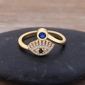 Evil Eye Ring For Women - Golden Ring With Blue Eye & Zircon Crystals