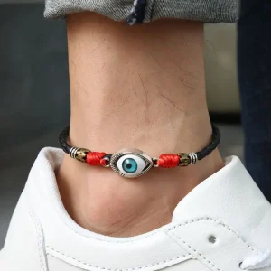 Evil Eye Anklet Black and Red Adjustable Soft Leather 22 cm