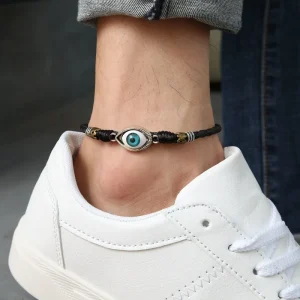 Evil Eye Anklet Black Adjustable Soft Leather 22 cm Alloy