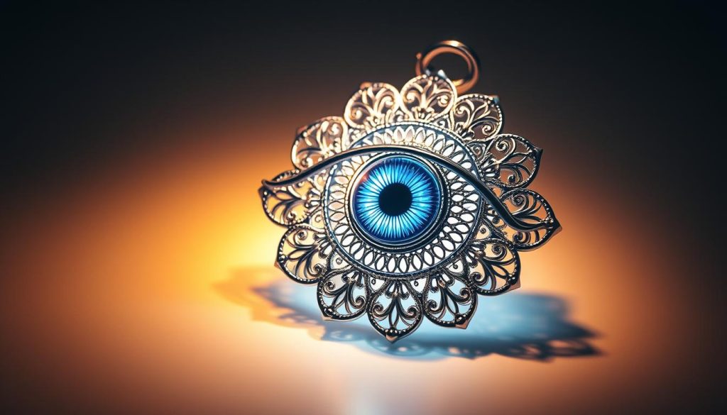 Intricate evil eye amulet crafted with ornate, gleaming silver filigree. The eye is a captivating, piercing blue with concentric rings radiating outward. The amulet is bathed in a warm, ethereal glow, as if charged with protective energy. Soft, diffused lighting illuminates the delicate details, casting subtle shadows that accentuate the depth and dimension of the design. The amulet is positioned against a serene, minimalist backdrop, allowing it to be the sole focus, radiating a sense of calm and security.