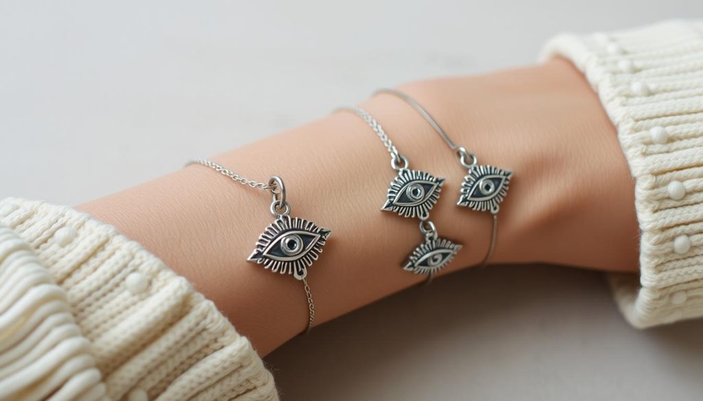 Intricate eye charm bracelets gently adorn the wrist, a delicate balance of chic elegance and mystical protection. Crafted from sterling silver, the eye motifs cast a captivating gaze, their details meticulously rendered under soft, diffused lighting. The bracelets lay against a backdrop of muted neutrals, allowing the ornate metalwork to take center stage. A sense of tranquility and serenity permeates the scene, inviting the viewer to find solace and comfort in these everyday talismans. The composition is clean and uncluttered, drawing the eye to the intricate eye designs and their soothing, calming presence.