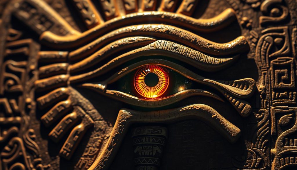 Intricate eye of Horus, a powerful ancient Egyptian symbol, shimmering with luminous detail. Rendered in vivid realism, the central eye gazes intensely, surrounded by ornate hieroglyphic designs carved into the stone. Warm, earthy tones complement the timeless mystique, while dramatic lighting casts dramatic shadows, evoking a sense of mystical reverence. The composition is tightly framed, drawing the viewer's focus to the iconic eye, its piercing gaze conveying a sense of timeless wisdom and protection. A captivating representation of how this enduring symbol continues to resonate in modern interpretations. Intricate eye of Horus, a powerful ancient Egyptian symbol, shimmering with luminous detail. Rendered in vivid realism, the central eye gazes intensely, surrounded by ornate hieroglyphic designs carved into the stone. Warm, earthy tones complement the timeless mystique, while dramatic lighting casts dramatic shadows, evoking a sense of mystical reverence. The composition is tightly framed, drawing the viewer's focus to the iconic eye, its piercing gaze conveying a sense of timeless wisdom and protection. A captivating representation of how this enduring symbol continues to resonate in modern interpretations.