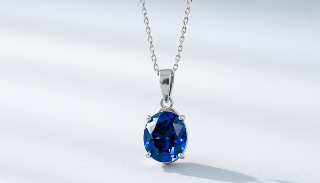 Prompt A captivating blue sapphire pendant, its deep azure hue shimmering against a chic silver setting. The pendant is captured in a closeup view, its elegant lines and intricate facets showcased in soft, diffused lighting that casts gentle shadows, highlighting the gemstone's natural beauty. The background is a serene, minimalist backdrop, allowing the pendant to take center stage and convey a sense of refined sophistication and timeless elegance. The overall mood is calming, sophisticated, and evocative of protection and daily wearability. Prompt A captivating blue sapphire pendant, its deep azure hue shimmering against a chic silver setting. The pendant is captured in a closeup view, its elegant lines and intricate facets showcased in soft, diffused lighting that casts gentle shadows, highlighting the gemstone's natural beauty. The background is a serene, minimalist backdrop, allowing the pendant to take center stage and convey a sense of refined sophistication and timeless elegance. The overall mood is calming, sophisticated, and evocative of protection and daily wearability.