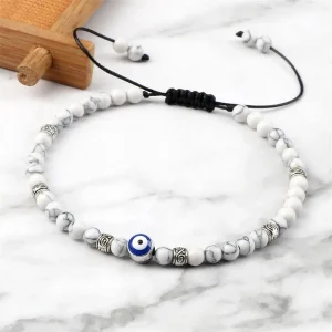 Evil eye bracelet White With Black Line 4 mm Beads Braided