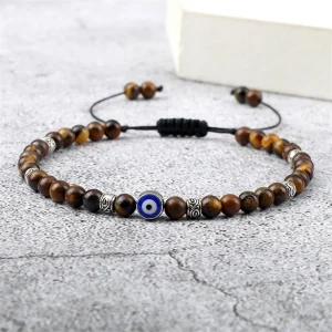 Evil eye bracelet Tiger Eye 4 mm Beads Braided