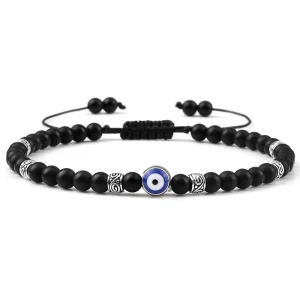 Evil eye bracelet Black Matte 4 mm Beads Braided