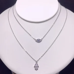 Evil Eye Double Necklace 925 Sterling Silver Eye and Hand