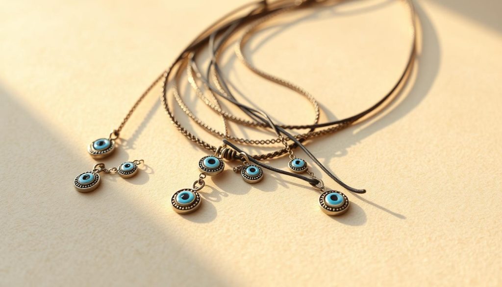 Stacked lariat necklaces with delicate evil eye charms, artfully arranged on a softly lit, neutral-toned surface. The necklaces cascade in varied lengths, creating a harmonious visual rhythm. The charms glimmer subtly, their intricate details and textures captured in high resolution. Warm, natural lighting from the side accentuates the necklaces' elegant curves and shadows, conveying a sense of effortless sophistication. The overall composition is balanced and visually appealing, showcasing the versatility and visual interest of layered lariat necklaces. Stacked lariat necklaces with delicate evil eye charms, artfully arranged on a softly lit, neutral-toned surface. The necklaces cascade in varied lengths, creating a harmonious visual rhythm. The charms glimmer subtly, their intricate details and textures captured in high resolution. Warm, natural lighting from the side accentuates the necklaces' elegant curves and shadows, conveying a sense of effortless sophistication. The overall composition is balanced and visually appealing, showcasing the versatility and visual interest of layered lariat necklaces.
