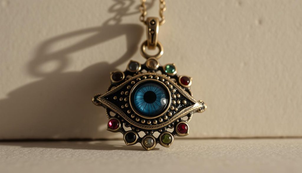 a close-up image of an intricate, ornately crafted evil eye pendant or charm, made of metal and semi-precious gemstones, capturing its mysterious and symbolic nature. the pendant is placed against a neutral, softly-lit background, allowing the details and craftsmanship to be the focal point. the lighting casts gentle shadows, highlighting the dimensional aspects of the jewelry piece. the overall mood is one of subtle mysticism and cultural significance, alluding to the protective and apotropaic qualities often associated with the evil eye symbol. a close-up image of an intricate, ornately crafted evil eye pendant or charm, made of metal and semi-precious gemstones, capturing its mysterious and symbolic nature. the pendant is placed against a neutral, softly-lit background, allowing the details and craftsmanship to be the focal point. the lighting casts gentle shadows, highlighting the dimensional aspects of the jewelry piece. the overall mood is one of subtle mysticism and cultural significance, alluding to the protective and apotropaic qualities often associated with the evil eye symbol.