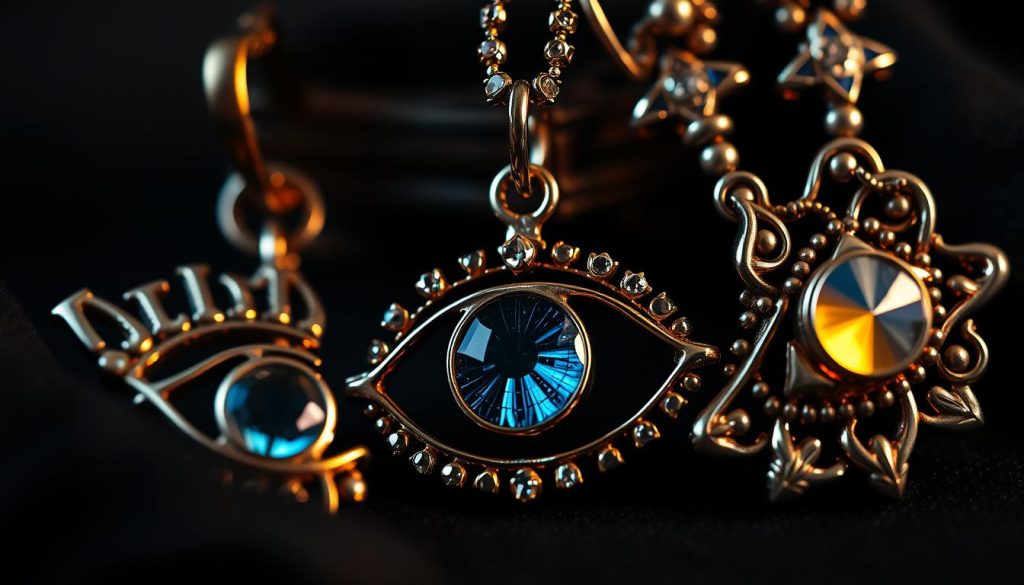 a close-up shot of intricate eye jewelry, including a golden eye-shaped pendant with a central gemstone, delicate eyebrow piercings adorned with tiny jewels, and a pair of ornate eye-shaped earrings featuring a stunning play of light and shadow, all photographed against a dark, moody background with dramatic side lighting to emphasize the details and textures, creating an atmospheric and mystical vibe that evokes the power and symbolism of the evil eye a close-up shot of intricate eye jewelry, including a golden eye-shaped pendant with a central gemstone, delicate eyebrow piercings adorned with tiny jewels, and a pair of ornate eye-shaped earrings featuring a stunning play of light and shadow, all photographed against a dark, moody background with dramatic side lighting to emphasize the details and textures, creating an atmospheric and mystical vibe that evokes the power and symbolism of the evil eye