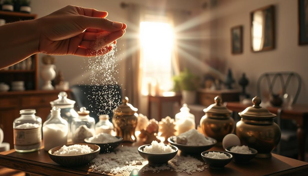 a cozy home interior, with sunlight streaming through a window and illuminating a table or shelf covered in various salt containers, crystals, and small dishes of salt. In the foreground, a hand is gently sprinkling salt around the room, creating a subtle energy cleansing ritual. The middle ground features a mix of traditional and modern home decor, reflecting a balanced and harmonious space. The background softly fades into a warm, peaceful ambiance, conveying a sense of tranquility and spiritual renewal. The overall atmosphere is serene, inviting, and subtly magical, capturing the essence of cleansing a home with everyday salt.