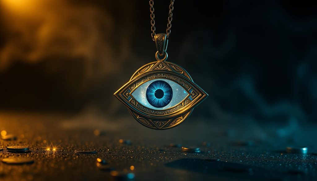 a detailed, high-quality photograph of an evil eye amulet pendant made of glass and gold, floating on a dark background with dramatic lighting and shadows, creating an atmospheric, mystical mood; the pendant is engraved with intricate patterns and symbols, casting a hypnotic, protective gaze; the pendant is positioned in the center of the frame, with a sense of depth and perspective, highlighting its craftsmanship and symbolic power; the image conveys a sense of style, elegance, and the notion of "protection meets style".