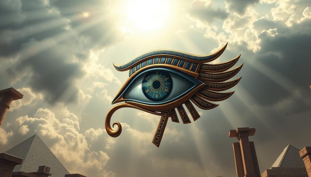 a detailed, photorealistic digital illustration of the Eye of Horus, depicted as a powerful, mystical eye with intricate hieroglyphic designs and symbols within its iris, set against a background of ancient Egyptian architectural elements and a dramatic cloudy sky with rays of celestial light shining down, conveying a sense of the eye's dual nature as a protector and avenger in Egyptian mythology, with a focus on conveying the eye's authority, divinity, and ambiguous moral character a detailed, photorealistic digital illustration of the Eye of Horus, depicted as a powerful, mystical eye with intricate hieroglyphic designs and symbols within its iris, set against a background of ancient Egyptian architectural elements and a dramatic cloudy sky with rays of celestial light shining down, conveying a sense of the eye's dual nature as a protector and avenger in Egyptian mythology, with a focus on conveying the eye's authority, divinity, and ambiguous moral character