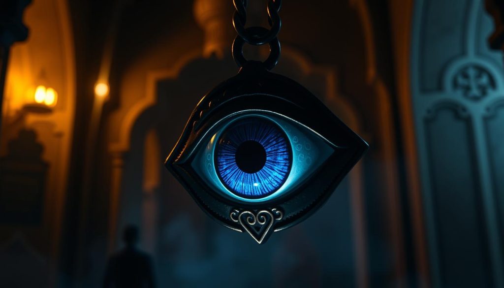 a detailed, realistic, high-resolution image of an evil eye amulet or talisman, with a dark blue or indigo iris and a piercing gaze, set against a dim, moody background with hints of Middle Eastern architectural elements or Islamic motifs, illuminated by warm, golden light from the side, creating dramatic shadows and highlights that evoke a sense of mysticism and danger, conveying the idea of a protective charm against malicious intent a detailed, realistic, high-resolution image of an evil eye amulet or talisman, with a dark blue or indigo iris and a piercing gaze, set against a dim, moody background with hints of Middle Eastern architectural elements or Islamic motifs, illuminated by warm, golden light from the side, creating dramatic shadows and highlights that evoke a sense of mysticism and danger, conveying the idea of a protective charm against malicious intent