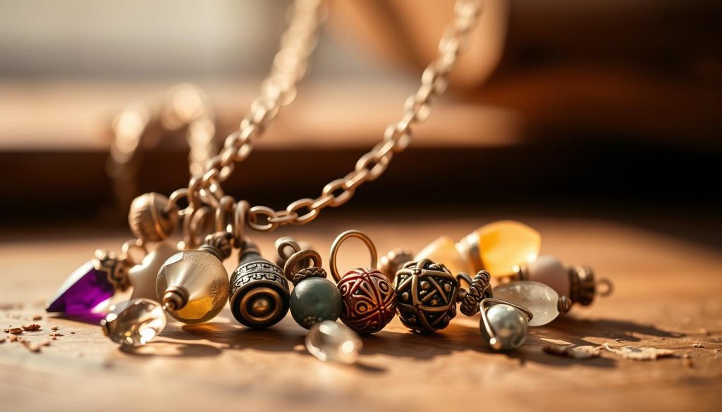 a high-quality macro photograph of a delicate chain charm necklace, showcasing a variety of natural materials such as semi-precious gemstones, metal charms, and intricate beadwork. The charms and beads are arranged in a harmonious composition, capturing the elegant and intricate details of the jewelry piece. The lighting is soft and warm, highlighting the natural textures and colors of the materials. The focus is sharp, allowing the viewer to appreciate the craftsmanship and design of the necklace. The background is blurred, creating a sense of depth and drawing the eye to the central focus of the necklace. The overall mood is one of sophistication, elegance, and attention to detail.