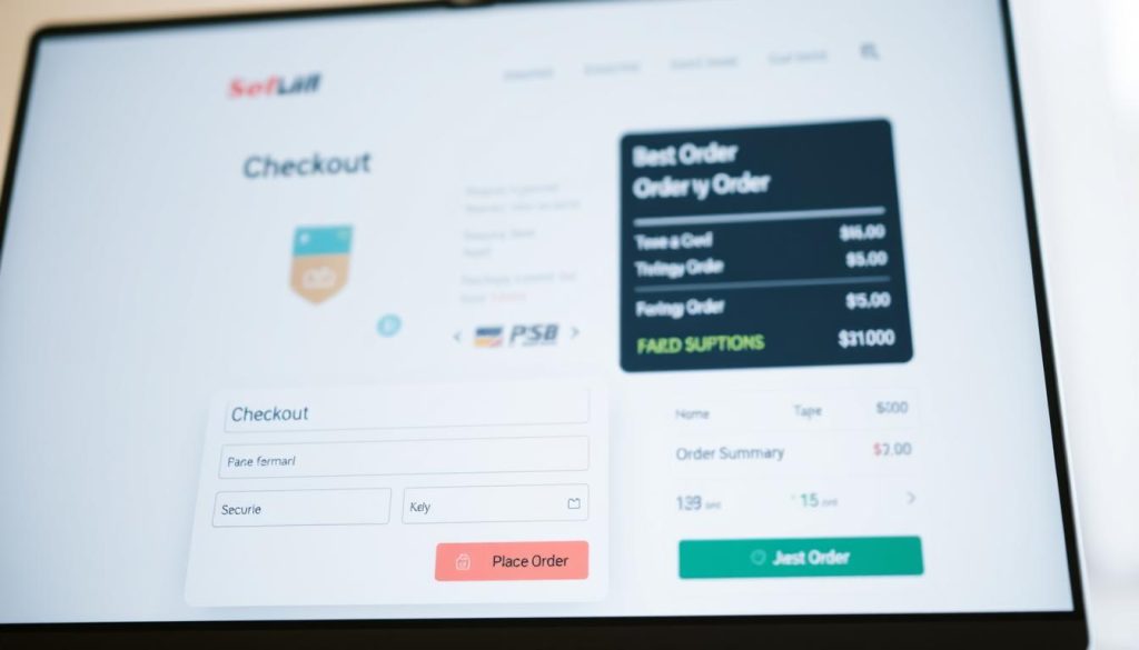 a secure checkout interface on a modern e-commerce website, with a clean, minimalist design. The foreground features a checkout form with fields for entering payment information, a "Place Order" button, and security icons or seals to indicate the transaction's safety. The middle ground shows a product thumbnail, order summary, and progress indicators. The background has a soft, blurred effect, with a light gradient or pattern to create a sense of depth and focus. The lighting is natural and even, with a slight warm tone to convey a sense of trust and reliability. The camera angle is slightly elevated, giving the viewer a direct, authoritative perspective on the checkout process.