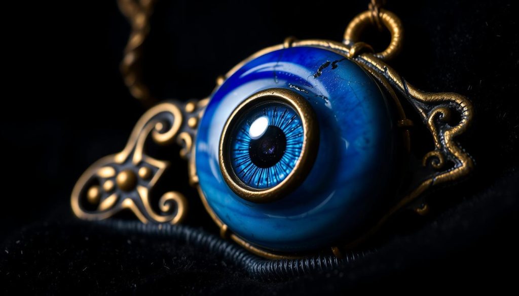 an intricate, close-up view of an "evil eye" amulet, crafted with a blend of antique brass and lapis lazuli, resting on a dark velvet background. The eye is rendered with striking detail, its iris a deep, piercing blue, and the pupil a haunting, unblinking stare. The amulet is illuminated from the side, casting dramatic shadows and highlights that accentuate its mysterious, mystical qualities. The overall atmosphere is one of foreboding, yet captivating, evoking a sense of the ancient and the occult, as if the eye could peer into the viewer's soul. an intricate, close-up view of an "evil eye" amulet, crafted with a blend of antique brass and lapis lazuli, resting on a dark velvet background. The eye is rendered with striking detail, its iris a deep, piercing blue, and the pupil a haunting, unblinking stare. The amulet is illuminated from the side, casting dramatic shadows and highlights that accentuate its mysterious, mystical qualities. The overall atmosphere is one of foreboding, yet captivating, evoking a sense of the ancient and the occult, as if the eye could peer into the viewer's soul.