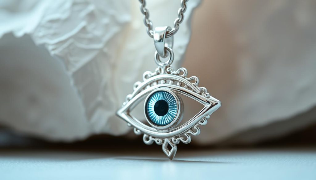 sterling silver evil eye pendant, finely crafted with intricate details, cast in gleaming sterling silver, the eye-shaped charm has a mesmerizing metallic sheen, capturing the light with a captivating glow, the detailed design features delicate filigree patterns around the iris, creating a captivating and mysterious aesthetic, the pendant hangs elegantly from a sleek silver chain, creating a sense of refined elegance and subtle power, the composition is captured in a close-up view, highlighting the dimensional quality of the jewelry piece, the lighting is soft and diffused, emphasizing the metallic luster and capturing the essence of a "crafted to last, designed to glow" aesthetic
